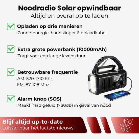 Noodradio 10.000mAh - Solar Opwindbaar - COMPLETE SET - Draagbare en Opwindbare Radio - Nood Radio - Noodradio dab Solar Opwindbaar - Noodpakket voor thuis - Oorlog - Denk vooruit - Overlevingspakket - Bij Rampen