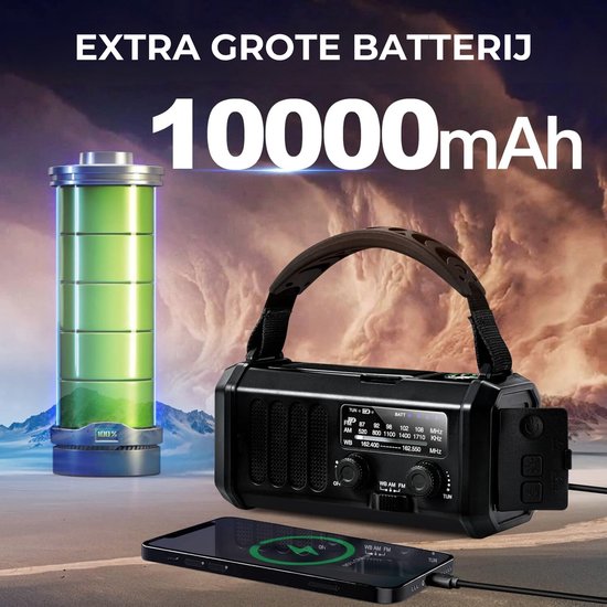 DreamGoods 10.000mAh Noodradio - Solar Opwindbaar - Solar Powerbank 10.000mAh - Denk Vooruit - Draagbare en Opwindbare Radio - Nood Radio - Noodradio dab Solar Opwindbaar