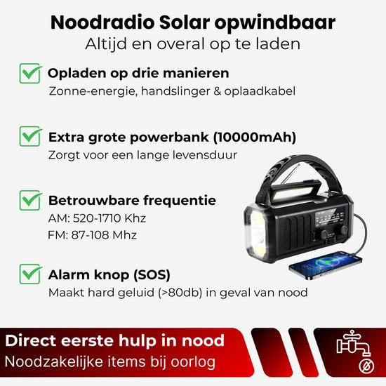 Noodradio Solar Opwindbaar - 10.000mAh - Solar Powerbank 20.000mAh - Draagbare en Opwindbare Radio - Nood Radio - Noodradio dab Solar Opwindbaar - Noodpakket voor thuis - Oorlog - Denk vooruit - Overlevingspakket - Bij Rampen ·