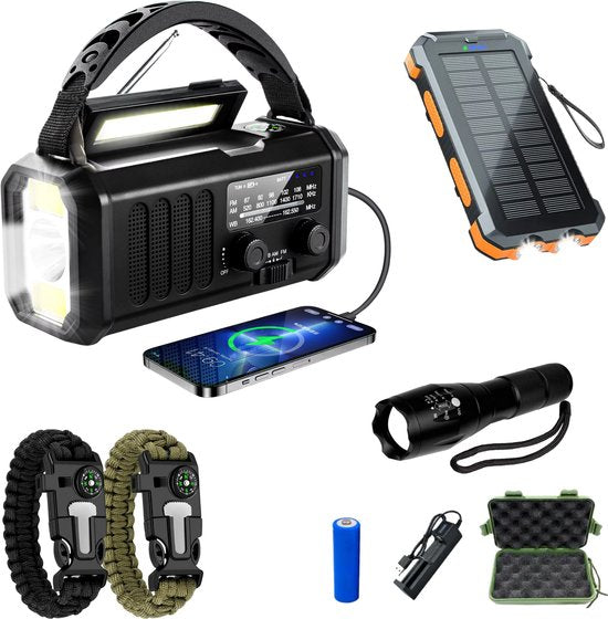 Noodradio Solar Opwindbaar - 10.000mAh - Solar Powerbank 20.000mAh - Draagbare en Opwindbare Radio - Nood Radio - Noodradio dab Solar Opwindbaar - Noodpakket voor thuis - Oorlog - Denk vooruit - Overlevingspakket - Bij Rampen