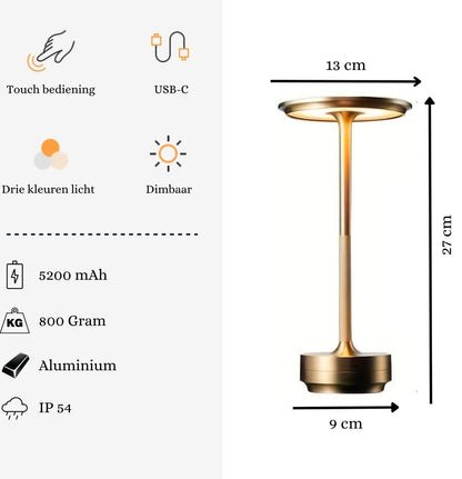 DreamGoods Oplaadbare Tafellamp - Draadloos & Oplaadbaar - Dimbaar - voor Binnen & Buiten - Touch Bediening - Tafellamp op Batterijen - Accu - Decoratie Woonkamer, Slaapkamer & Tuin - Industrieel - Goud