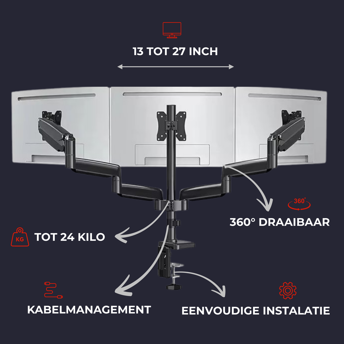 Monitor Arm 3 Schermen - 13-27 Inch