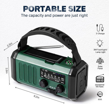 Noodradio - Solar Powerbank - Opwindbaar - 10.000 mAh - Noodalarm - Draagbare Radio op accu - Zaklamp - Survival Noodpakket - Groen - Legergroen