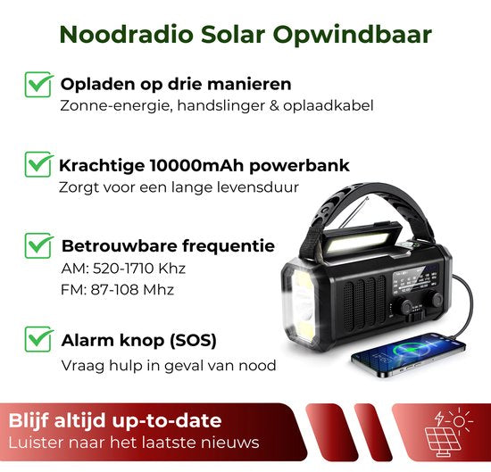Noodradio Solar Opwindbaar - 10.000mAh - Solar Powerbank 20.000mAh - Draagbare en Opwindbare Radio - Nood Radio - Noodradio dab Solar Opwindbaar - Noodpakket voor thuis - Oorlog - Denk vooruit - Overlevingspakket - Bij Rampen