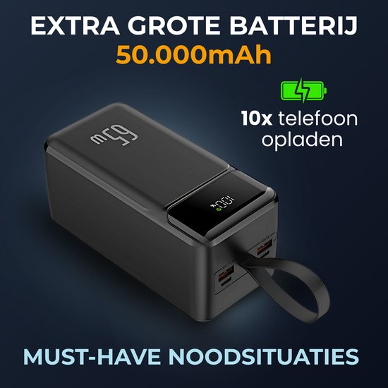 Powerbank PRO - 50.000 mAh - 65W Snellader Geschikt voor Iphone, Android, Tablets & Laptops