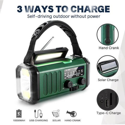 Noodradio - Solar Powerbank - Opwindbaar - 10.000 mAh - Noodalarm - Draagbare Radio op accu - Zaklamp - Survival Noodpakket - Groen - Legergroen