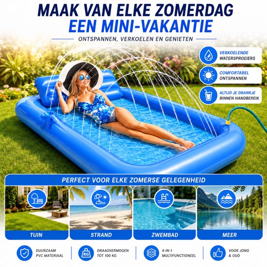 DreamGoods Tanning Bed met Sproeier – Water Ligbed met Tuinslang Aansluiting en Bekerhouder – 200 x 124 cm