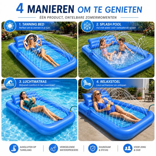 DreamGoods Tanning Bed met Sproeier – Water Ligbed met Tuinslang Aansluiting en Bekerhouder – 200 x 124 cm