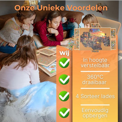 DreamGoods Puzzeltafel - In Hoogte Verstelbaar - Draaibaar Puzzelbord met Opbergsysteem - 1500 stukjes - 4 lades - Houten - Puzzeltafel - Puzzelplank - Puzzelmap - Puzzelmat - Portapuzzle - Puzzelplaat - Puzzel - Puzzeltafel met Lades