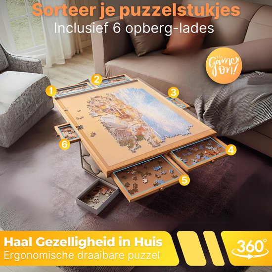 DreamGoods Draaibaar Puzzelbord met Opbergsysteem - 1500 stukjes - 6 lades - Houten - Puzzeltafel - Puzzelplank - Puzzelmap - Puzzelmat - Portapuzzle - Puzzelplaat - Puzzel - Puzzeltafel met Lades