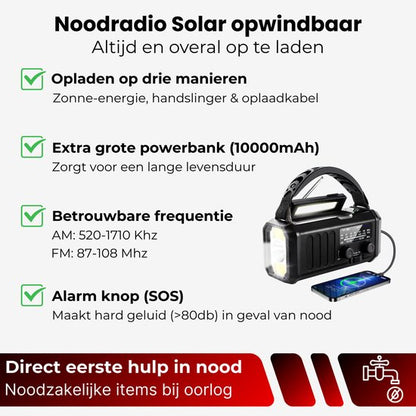 Noodradio Solar Opwindbaar - 10.000mAh - Solar Powerbank 20.000mAh - Draagbare en Opwindbare Radio - Nood Radio - Noodradio dab Solar Opwindbaar - Noodpakket voor thuis - Oorlog - Denk vooruit - Overlevingspakket - Bij Rampen ·